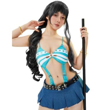 Imagem de Mobbunny Conjunto de lingerie feminina anime cosplay estilo biquíni com corte alto e minissaia com meias de cinto (azul, XGGGGG)