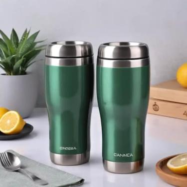 Imagem de Caneca Térmica Parede Dupla em Aço Inox Verde 450ml com Tampa Flip - Estilo Liso