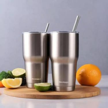 Imagem de Copo Térmico Parede Dupla em Aço Inox Bege 350ml com Canudo - Estilo Esportivo