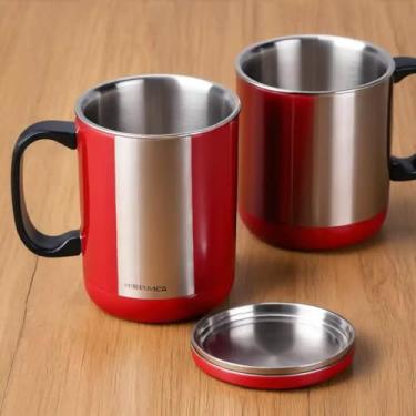 Imagem de Caneca Térmica Parede Dupla em Aço Inox Vermelha 450ml com Tampa Hermética - Estilo Liso