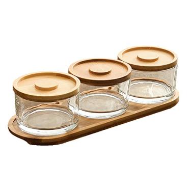 Imagem de KVMORZE Conjunto de servir batatas fritas e molho com bandeja de bambu, travessa de lanche e doces, tigelas pequenas de vidro com tampas para condimentos, acompanhamentos, pré, sobremesa, molho (3