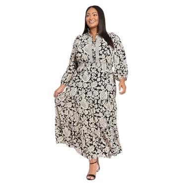 Imagem de London Times Vestido maxi feminino de manga comprida com botões frontais e cintura elástica com babados, Preto/Osso, 25 Plus Size