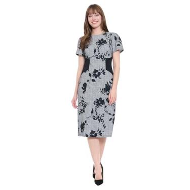 Imagem de London Times Vestido feminino colado ao corpo, manga curta, gola redonda, comprimento até o joelho, tecido texturizado com painéis laterais contrastantes, Creme/Preto, 52