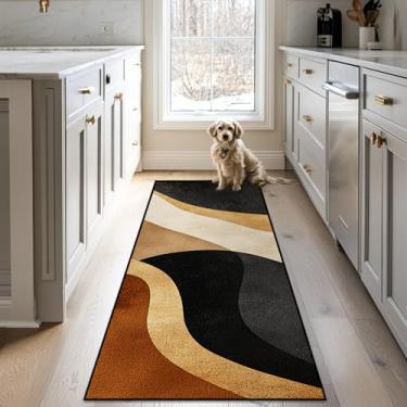 Imagem de Tapete abstrato marrom preto caramelo lavável 2x6 tapetes para sala de estar quarto tom terra antiderrapante piso macio tapete grande para escritório, entrada e banheiro