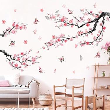 Imagem de AOLTNRC Decalques de parede de ramo de flor rosa, ramos de árvore de cerejeira floral adesivos de parede aquarela para sala de estar quarto sofá TV fundo decoração de parede (rosa)