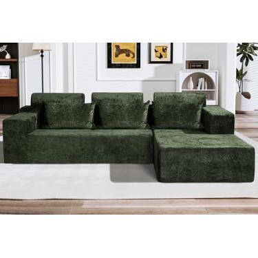 Imagem de HABUTWAY Sofá secional modular em forma de L de 266 cm para sala de estar, sem necessidade de montagem, sofá modular confortável com assento profundo para sala de estar quarto, veludo envelhecido de