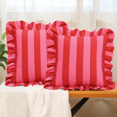 Imagem de vctops Conjunto de 2 fronhas decorativas listradas em rosa e vermelho com babados quadradas, capas de almofada de veludo macio para decoração de sofá cama e sala de estar (rosa, 61 cm x 61 cm)