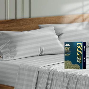 Imagem de Mayfair Linen Capas de travesseiro 100% algodão egípcio king size conjunto de 2 - capas de travesseiro de cetim de luxo 1500 fios listradas prateadas, macias, respiráveis e refrescantes, serve para