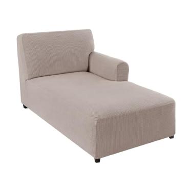 Imagem de FantasDecor Capa para espreguiçadeira direita elástica com apoios de braços para sala de estar, quarto, braço direito, tecido jacquard macio, lavável na máquina, areia, espreguiçadeira direita