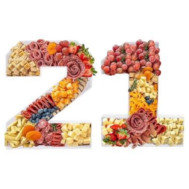 Imagem de Kafucize Prato de papelão preenchível com número de placa de charcutaria de 35,5 cm, caixa de decoração de frutas, presente de aniversário, festa de aniversário (branco, número 21)