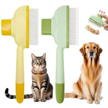 Imagem de Pacote com 2 pentes de pulgas para gatos e cães, escova de gato para queda, pente de remoção de pelos de animais de estimação com dentes longos e curtos de aço inoxidável para descamação