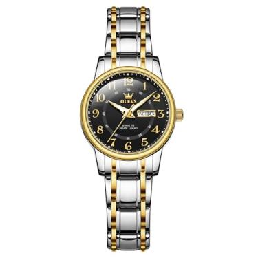 Imagem de OLEVS Relógios femininos, femininos prateados, à prova d'água, dois tons, analógico, aço inoxidável, luxuoso, moderno, algarismos arábicos, relógio delicado, relógios femininos para pulsos pequenos