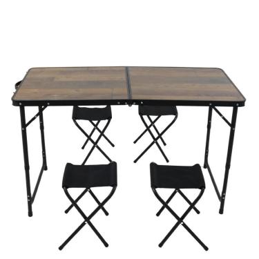 Imagem de Kit Mesa Dobrável Portátil Que Vira Maleta Para Camping Praia Leve Alumínio 120cm Madeira + 4 Banquinhos Dobráveis