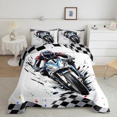 Imagem de Feelyou Conjunto de edredom de corrida de motocross tamanho casal para meninos e meninas, adolescentes, conjunto de edredom com bandeira de esportes radicais, conjunto de edredom branco puro