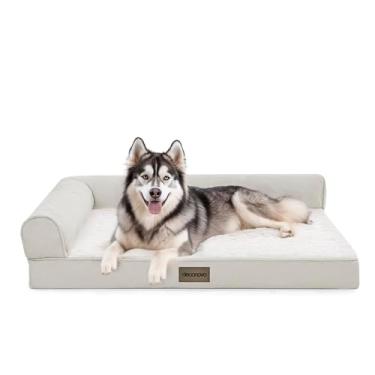 Imagem de Deconovo Cama de luxo para cães PV de veludo e linho com apoio de braço em forma de L, base antiderrapante com pontos antiderrapantes, capa lavável removível, enchimento de esponja de massagem para