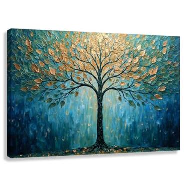 Imagem de Árvore da Vida Arte de Parede Impressão em Tela Harmonia da Vida Decoração Fotos Pintura Azul Verde Folhas Douradas Natureza 60x40cmx1
