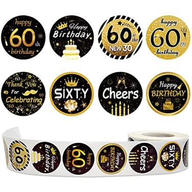 Imagem de 600 peças de adesivos de rolo de feliz aniversário de 60 anos, 8 etiquetas redondas de feliz aniversário de ouro preto com design diferente, artigos de festa de aniversário de 60 anos, adesivos feitos
