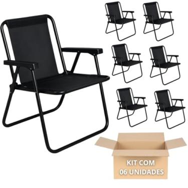 Imagem de Kit 6 Cadeira De Aço Praia Lazer Descanso Dobrável Alta (Preto)