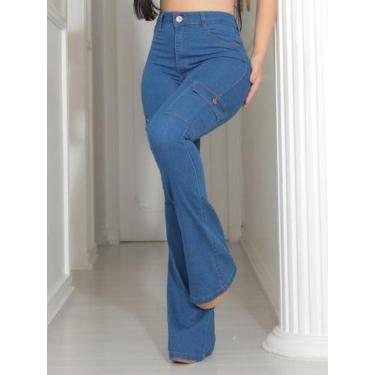 Imagem de Faraya Jeans Calça Flare Clara bolso Cargo do lado Cintura alta com ly