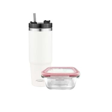 Imagem de Pote Vidro Hermético Marmita 1l E Copo Com Canudo 900ml Bege