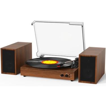 Imagem de Leitor de discos para vinil com alto-falantes externos Bluetooth 3 velocidades clássico acionado por correia 33 45 78 RPM com alto-falantes estéreo MP4 PC gravação RCA saída de linha