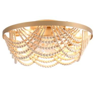 Imagem de Ventilador de teto Boho de 50,8 cm com montagem embutida, luz de teto com contas de madeira dourada Bohemia, 4 luzes, ventiladores de teto de perfil baixo com controle remoto para quarto, sala de