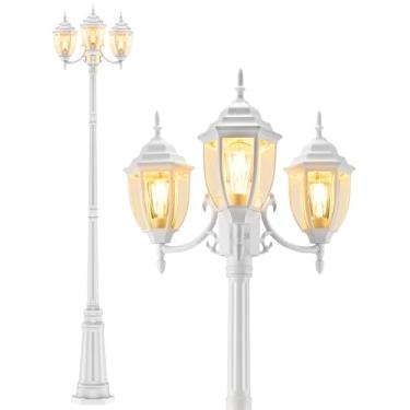 Imagem de HORTUZZ Poste de iluminação externa, poste de luz branca com fio rígido de 3 cabeças para exterior, base E26 máxima 100W (lâmpada não incluída), luminária de rua à prova d'água para quintal, jardim