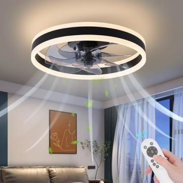 Imagem de AHAWILL Ventilador de teto moderno de 39,9 cm com luzes - montagem embutida, perfil baixo com controle remoto, LED regulável, temporização de 6 velocidades para uso interno no quarto, preto