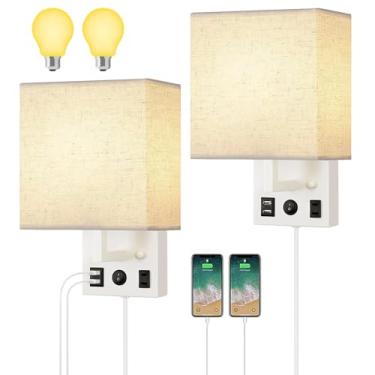 Imagem de HAITRAL Arandelas de parede com lâmpadas - Lâmpadas de parede para quarto com USB e tomada, arandelas conjunto de 2 com interruptor e lâmpada, luminárias de parede para sala de estar, quarto (inclui