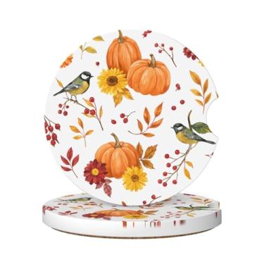 Imagem de Neukim Pacote com 2 porta-copos de carro laranja abóbora girassol, 6 cm, folha de pássaro de outono antiderrapante, porta-copos absorvente de cerâmica com base de cortiça e entalhe de dedo, acessórios