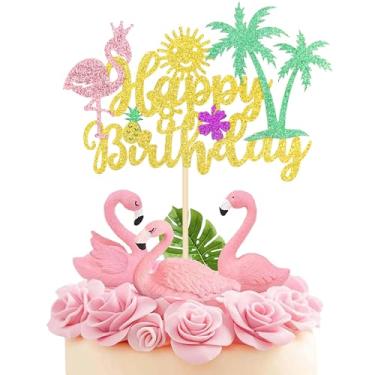 Imagem de 1Pcs Tropical Luau Happy Birthday Cake Topper Flamingo Coconut Tree Glitter Hawaiian Luau Birthday Party Cake Decorations Supplies
