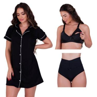 Imagem de Combo Camisola Blogueira com Botões + Sutiã Amamentação + Calcinha Pós