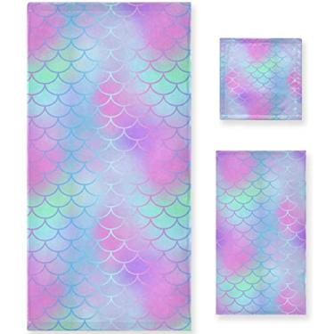 Imagem de Naanle Conjunto macio de 3 toalhas em escala de sereia mágica roxa, 1 toalha de banho + 1 toalha de mão + 1 toalha, decoração ideal para banheiro, hotel, academia, spa e praia