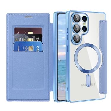 Imagem de LEMAXELERS Capa fina para Samsung Galaxy S23 Ultra, capa carteira de couro PU compatível com suporte de cartão com bloqueio de RFID Magsafe, capa protetora de lente de câmera integrada para Galaxy S23