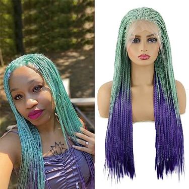 Imagem de BTWTRY Peruca de cabelo afro-americano trançado roxo verde menta para mulheres negras trançadas micro trançadas cabelo afro-americano (61 cm, verde menta/roxo)