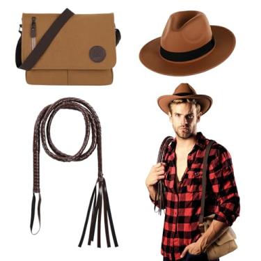 Imagem de Shyyween 3 peças de acessórios de fantasia vintage de Halloween roupas de cowboy Indiana incluindo chapéu de chicote marrom cáqui bolsa mensageiro de lona para homens e mulheres