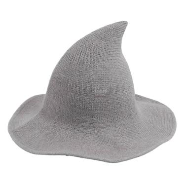 Imagem de Chapéu de bruxa para mulheres, chapéu de bruxo de lã de malha de Halloween, boné de bruxa pontiagudo de aba larga para festa cosplay, fantasia de cosplay, cinza claro