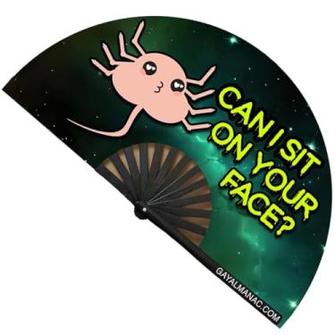 Imagem de PandaTak Fãs de mão dobráveis do orgulho gay, leque de bambu grande engraçado de 33 cm com tinta reativa UV, para festas de circuito LGBTQ, festivais EDM e raves (abraço de rosto)