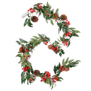 Imagem de tiuire Guirlandas De Natal 5,9 Pés Com Luzes Para Decoração, Folhas Verdes Artificiais, Frutas Vermelhas, Pinhas, Guirlanda Folhagens, Decorações Natal, Lareira Interna E Externa, Corrimão Escada, D