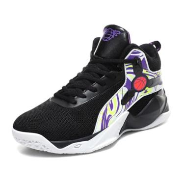 Imagem de WELRUNG Tênis de corrida unissex de cano alto leve com tecelagem braguilha para corrida, tênis esportivo e basquete, Preto, roxo, 11 Women/9.5 Men