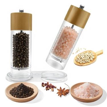 Imagem de Conjunto de 2 moedores de sal e pimenta de acrílico de 15 cm com base de madeira, moedores manuais de pimenta e sal com núcleo de cerâmica ajustável (madeira de carvalho)