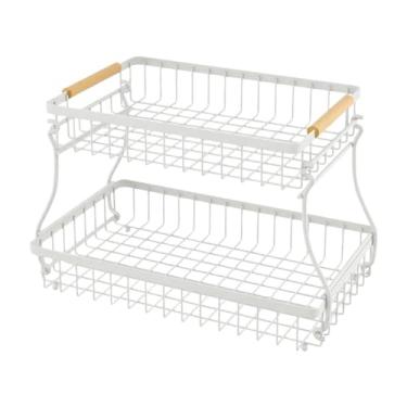 Imagem de Baoblaze Cesta de frutas de metal, organizador de fruteiras, bandeja multiuso para armazenamento de cebola e alho, alça de madeira, organizador de ferro, Branco