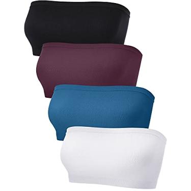 Imagem de Sutiã bandeau feminino sem alças Bralette sem costura sutiã bandeau sem enchimento top elástico pacote com 4, Azul-escuro, vermelho-escuro, branco, preto, P