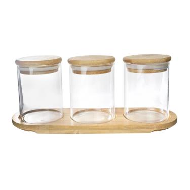 Imagem de Jogo Com 3 Potes Herméticos De Vidro Com Tampa E Bandeja De Bambu