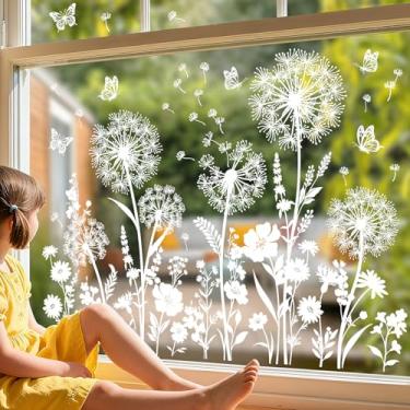 Imagem de wondever Adesivo de janela de flor de dente-de-leão branco adesivo de vidro com borboletas voadoras de flores silvestres primavera verão adesivo anticolisão dupla face estática para vidro doméstico
