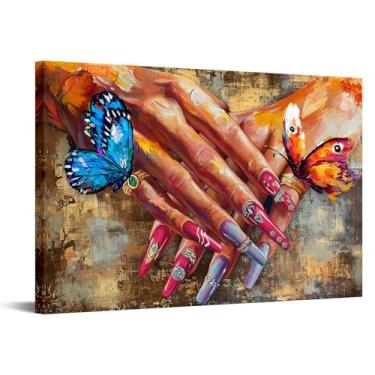 Imagem de iHAPPYWALL Arte de parede da moda, unhas de mulher com borboleta, impressão em tela, imagem de luxo para maquiagem e manicure, decoração de salão de beleza