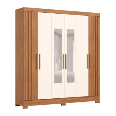 Imagem de Guarda-Roupa Solteiro Ripado com Espelho Lucce 6 Portas 3 Gavetas Nature e Off White