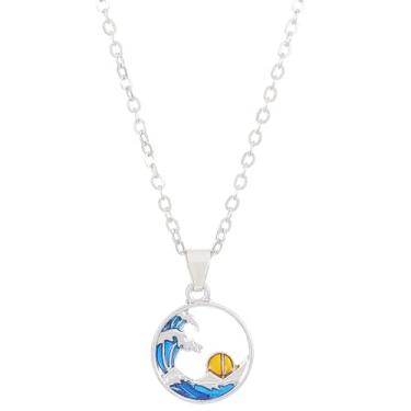 Imagem de DIAMANTIO Colar com pingente de onda do oceano banhado a ouro 18K com sol – corrente de aço inoxidável, design de onda azul esmaltada e sol amarelo, joia com tema de praia para mulheres