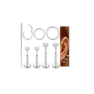 Imagem de Incaton Brincos hipoalergênicos com costas planas 18G, aço cirúrgico 316L, zircônia cúbica para cartilagem helix, tragus, concha, nariz, lábio, argolas, piercing para mulheres, Aço inoxidável