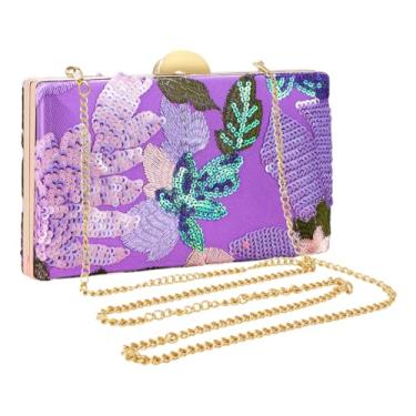 Imagem de Bolsa clutch floral bordada de lantejoulas para mulheres | Bolsa fina para festa noturna | Casamento, formatura, eventos formais, Roxa